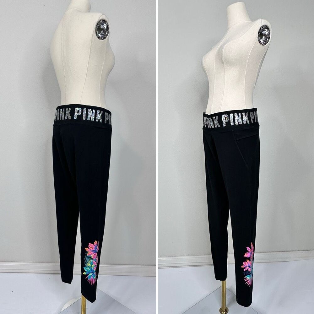 PINK Victoria’s Secret Tropical Floral Bling Yoga Leggings L Black Sequin Waist - Picture 8 of 16